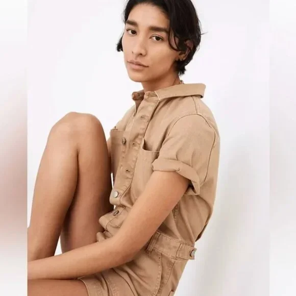 Madewell Garment Dyed Relaxed Coverall Shorts Jumpsuit Khaki Tan Size S